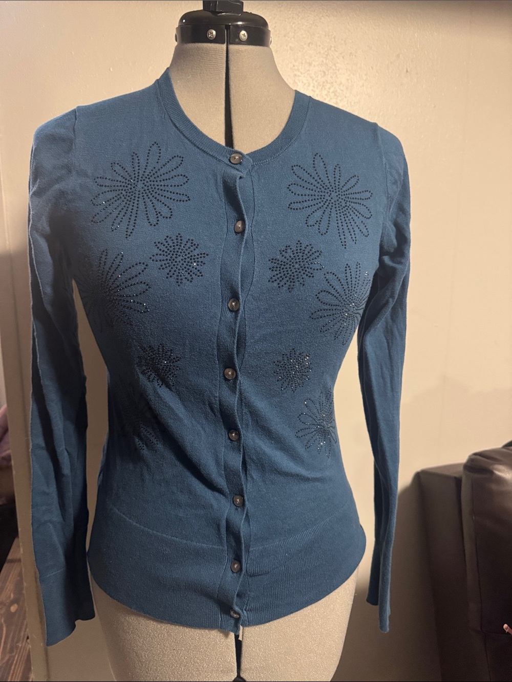 Ann Taylor Teal Blue Rhinestone Floral Cardigan